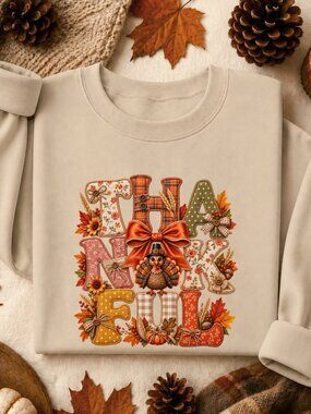 Thankful Sweatshirt Graphic Crewneck Applique Style Thanksgiving Bow Fall Turkey